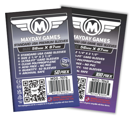mayday games card sleeves Mini Euro 45MM X 68MM (4x100 Pk, 400 sleeves) MDG-7035 These sleeves offer a sturdier case and stronger protection for your cards Standard USA Card Sleeves (56x87mm)